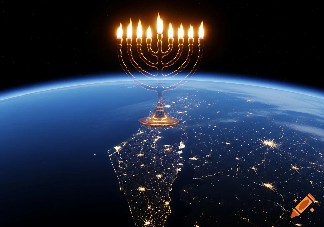 A glowing golden menorah superimposed over a photorealistic view of Israel from space at night, with city lights visible.