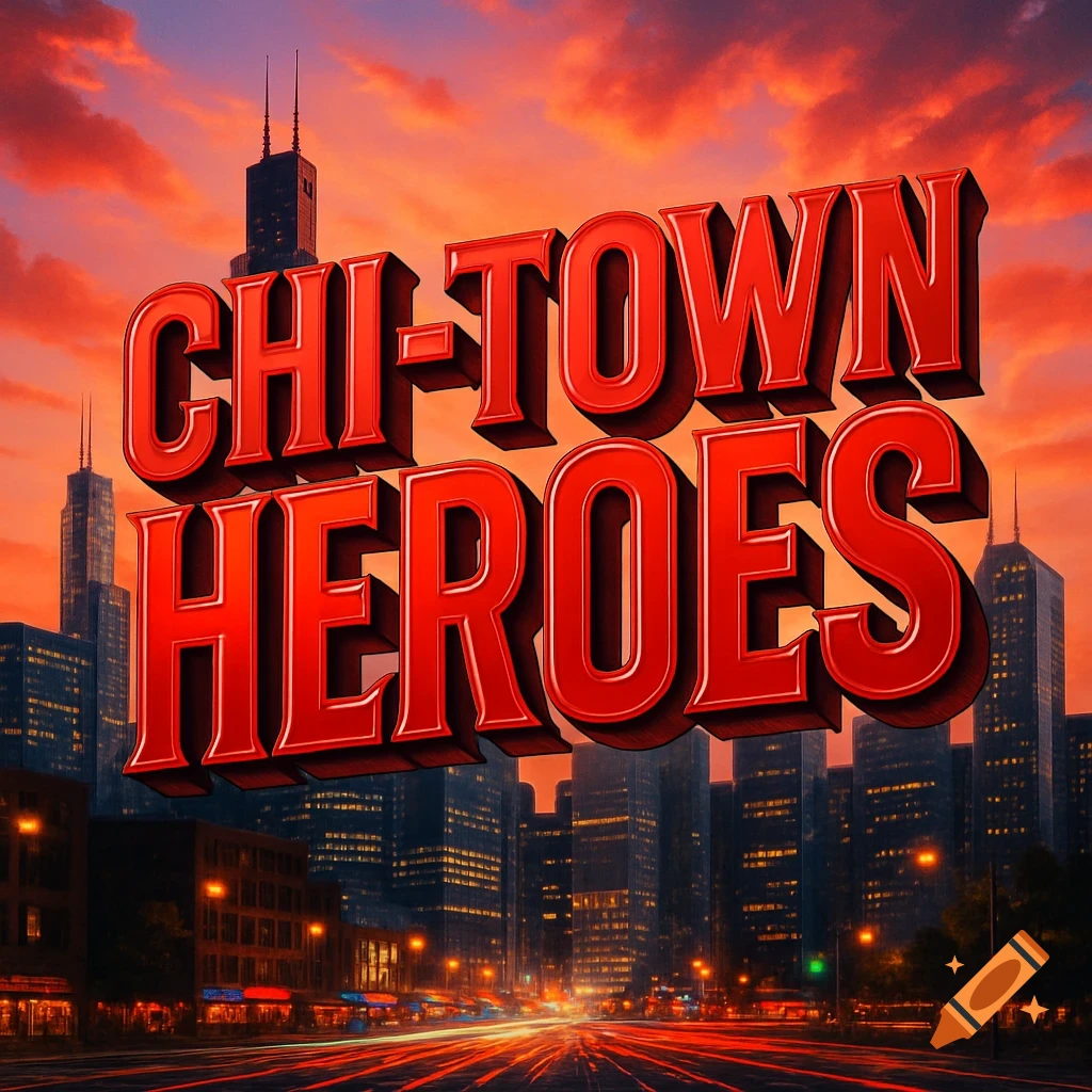 Red 3D text 'CHI-TOWN HEROES' floats above a city skyline with a fiery orange sunset and illuminated streets.