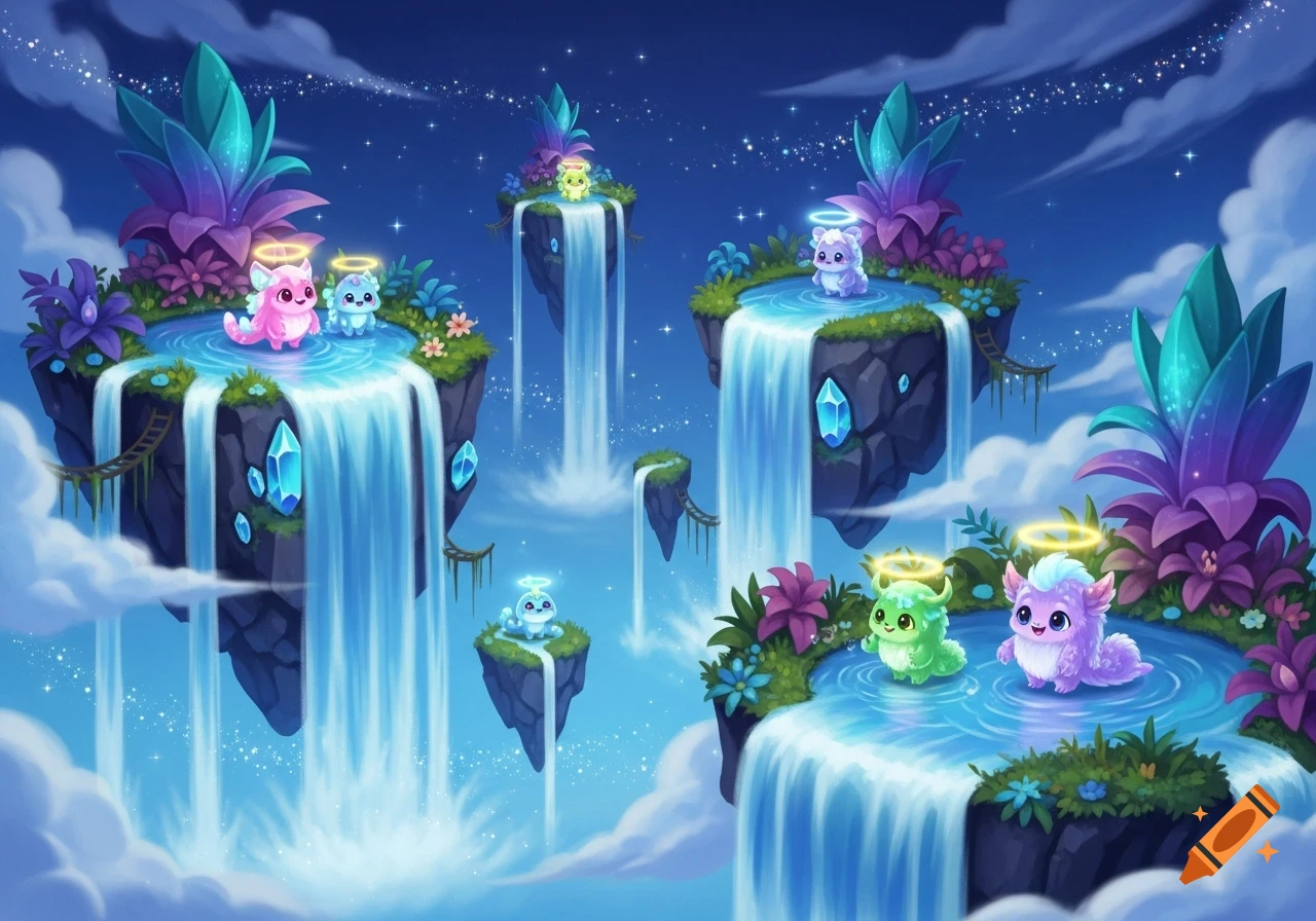 Cute, colorful mythical creatures with halos on whimsical floating islands with waterfalls, glowing crystals, and plants at night.