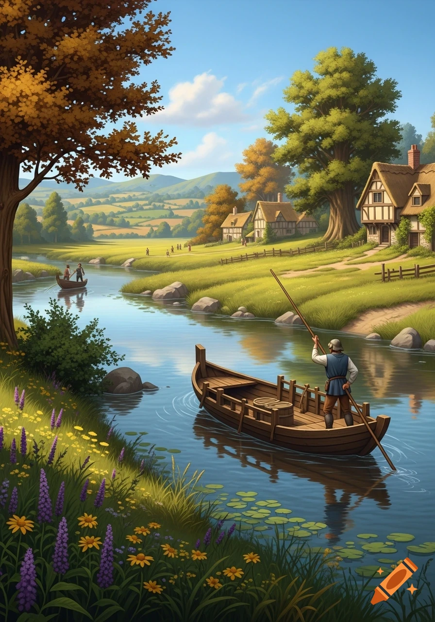 A man poles a wooden boat down a river, while another boat with two people drifts ahead. Rolling green hills and thatched-roof houses line the banks under a blue sky.