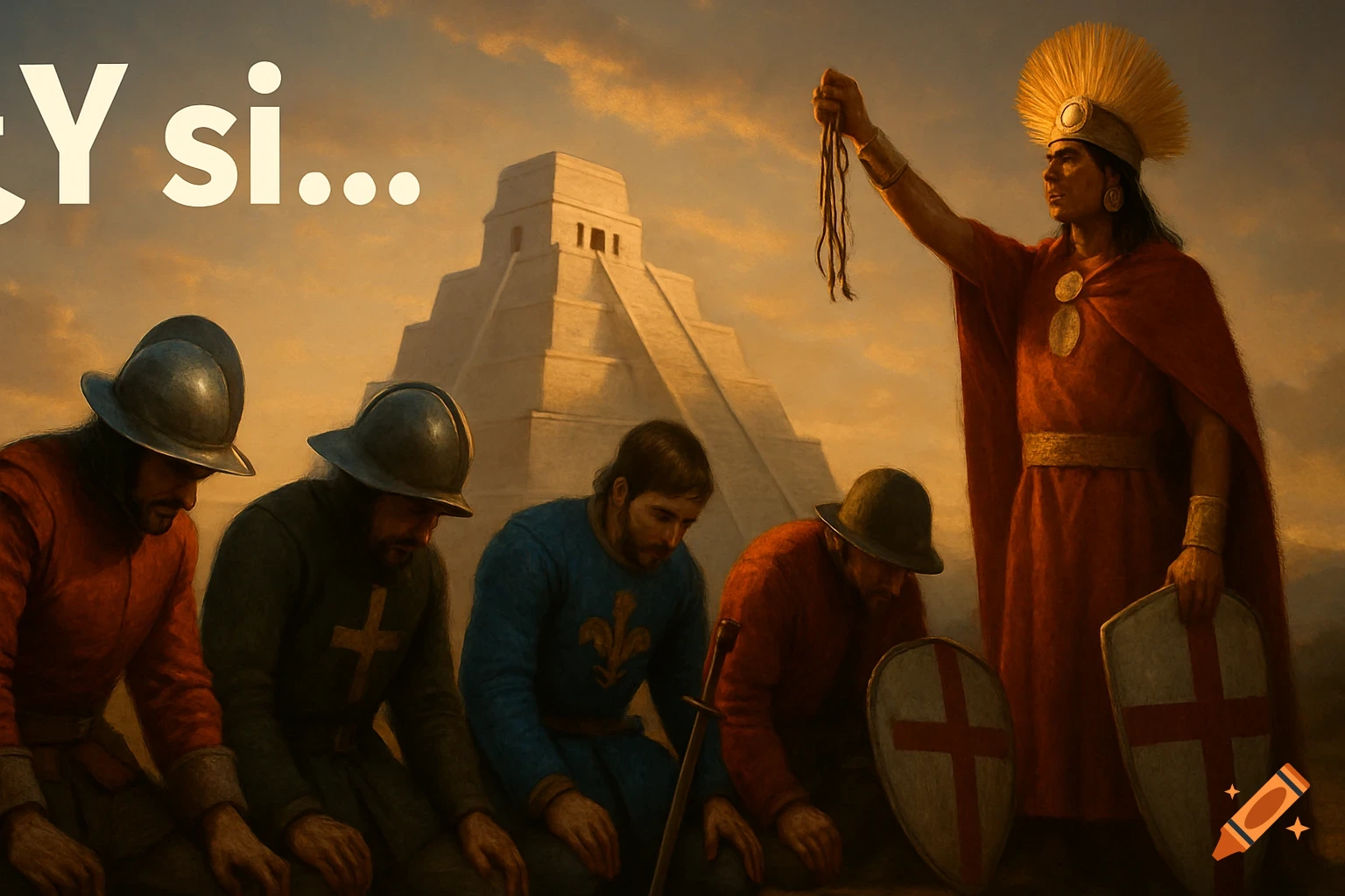 Photorealistic scene of an Inca emperor holding a quipu over four kneeling European conquistadors, with an Aztec pyramid in the background at sunset. Text overlay reads 'Y si...'