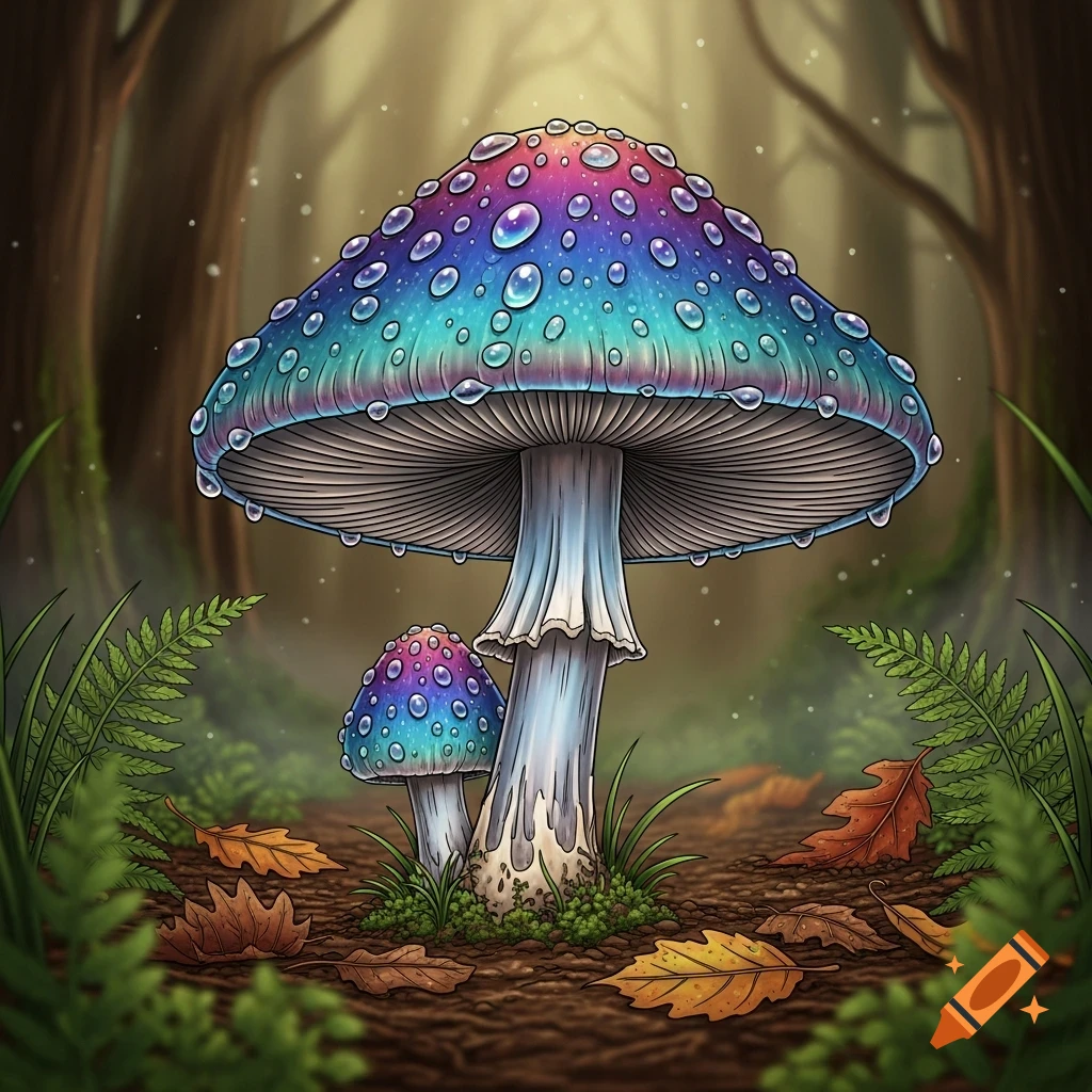 Detailed drawing of two vibrant, iridescent mushrooms with water droplets, a large one and a small one, in a lush forest.