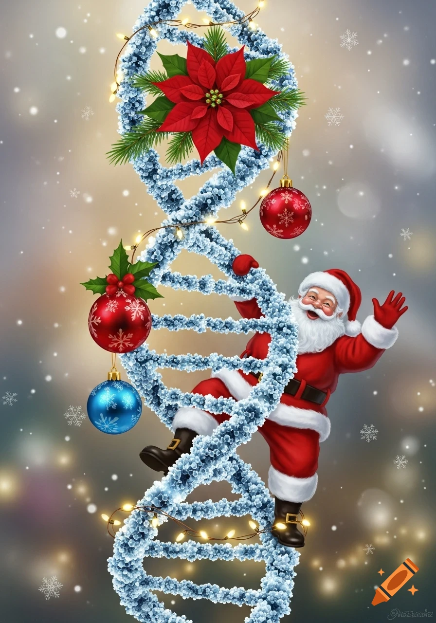 Santa Claus waves while climbing a DNA strand decorated with Christmas lights, poinsettias, and ornaments, set against a festive snowy background.