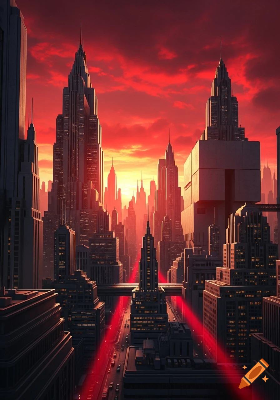 A towering cityscape with Art Deco and Brutalist architecture under a dramatic red sky, with red light trails on the streets below.
