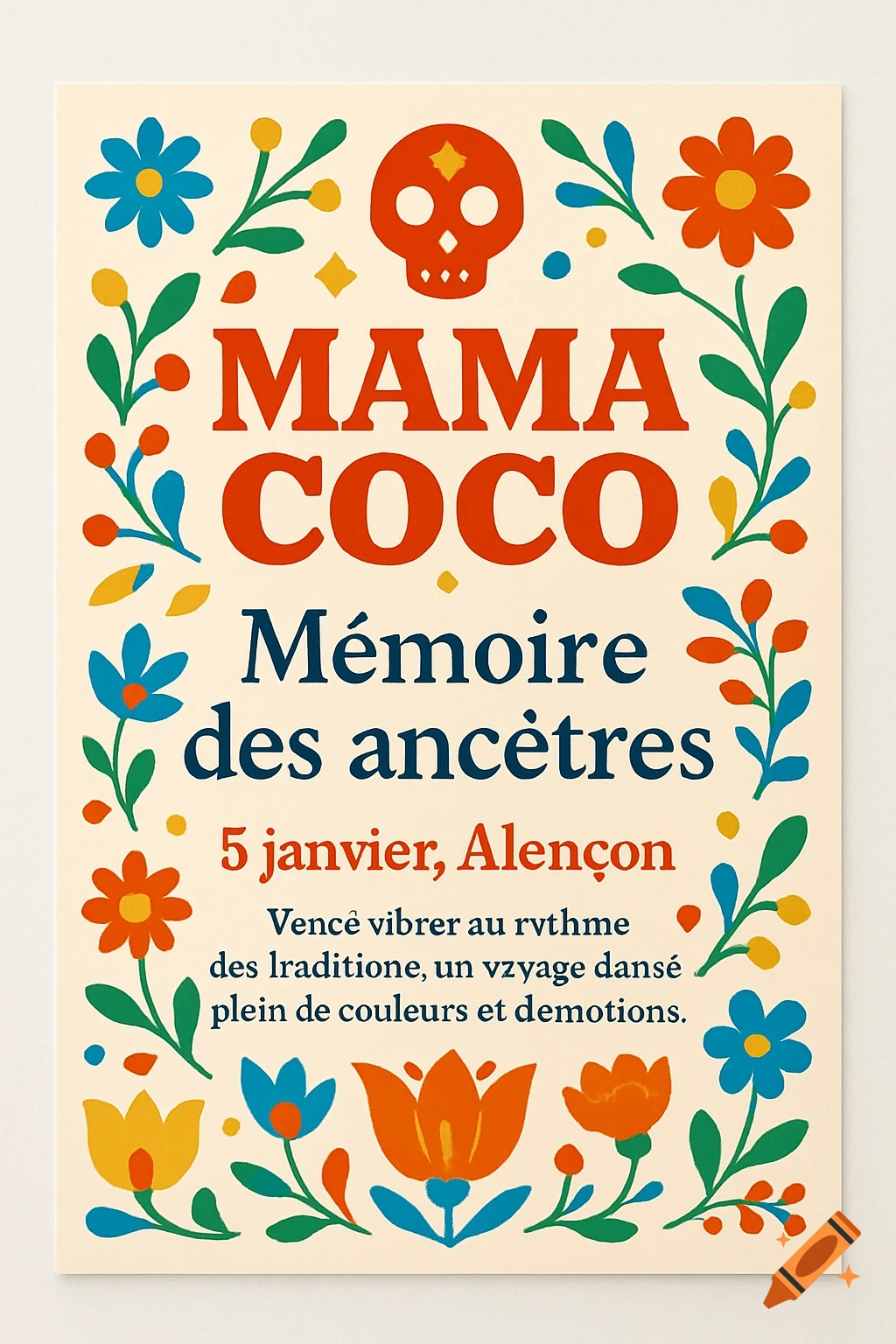 A colorful Mexican-style dance show flyer for 'Mama Coco' with a red skull, flowers, and French text on an off-white background.