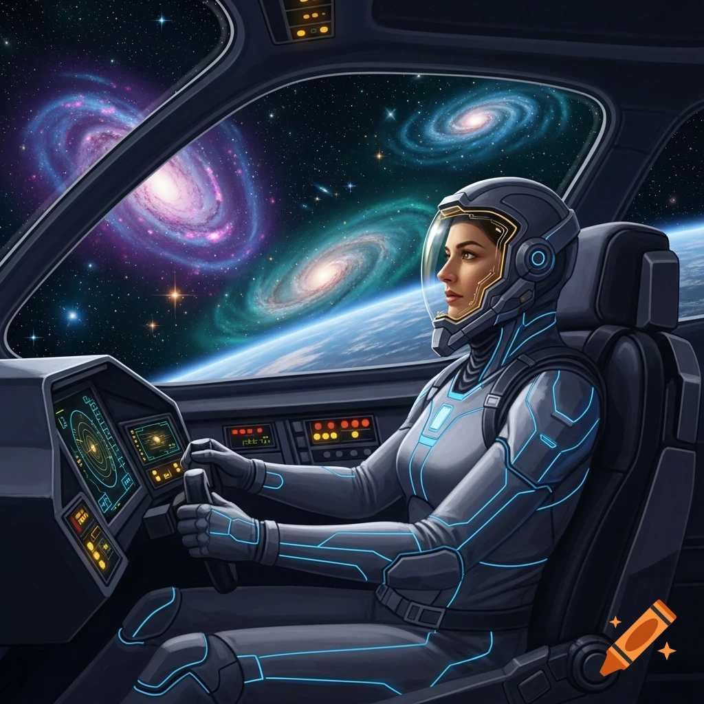 A woman in a futuristic spacesuit pilots a spaceship, viewing colorful galaxies and Earth through the cockpit window.