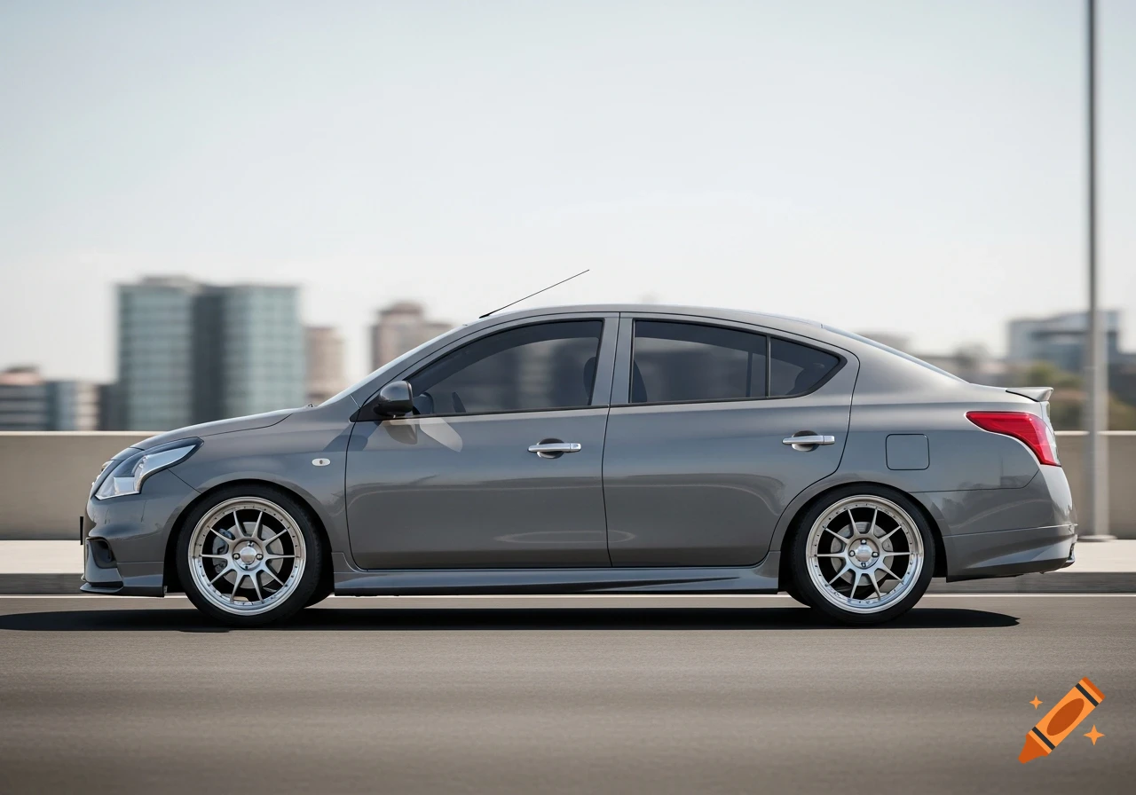 A grey Nissan Almera N16 sedan with custom wheels parked on an asphalt road, against a blurred city backdrop.