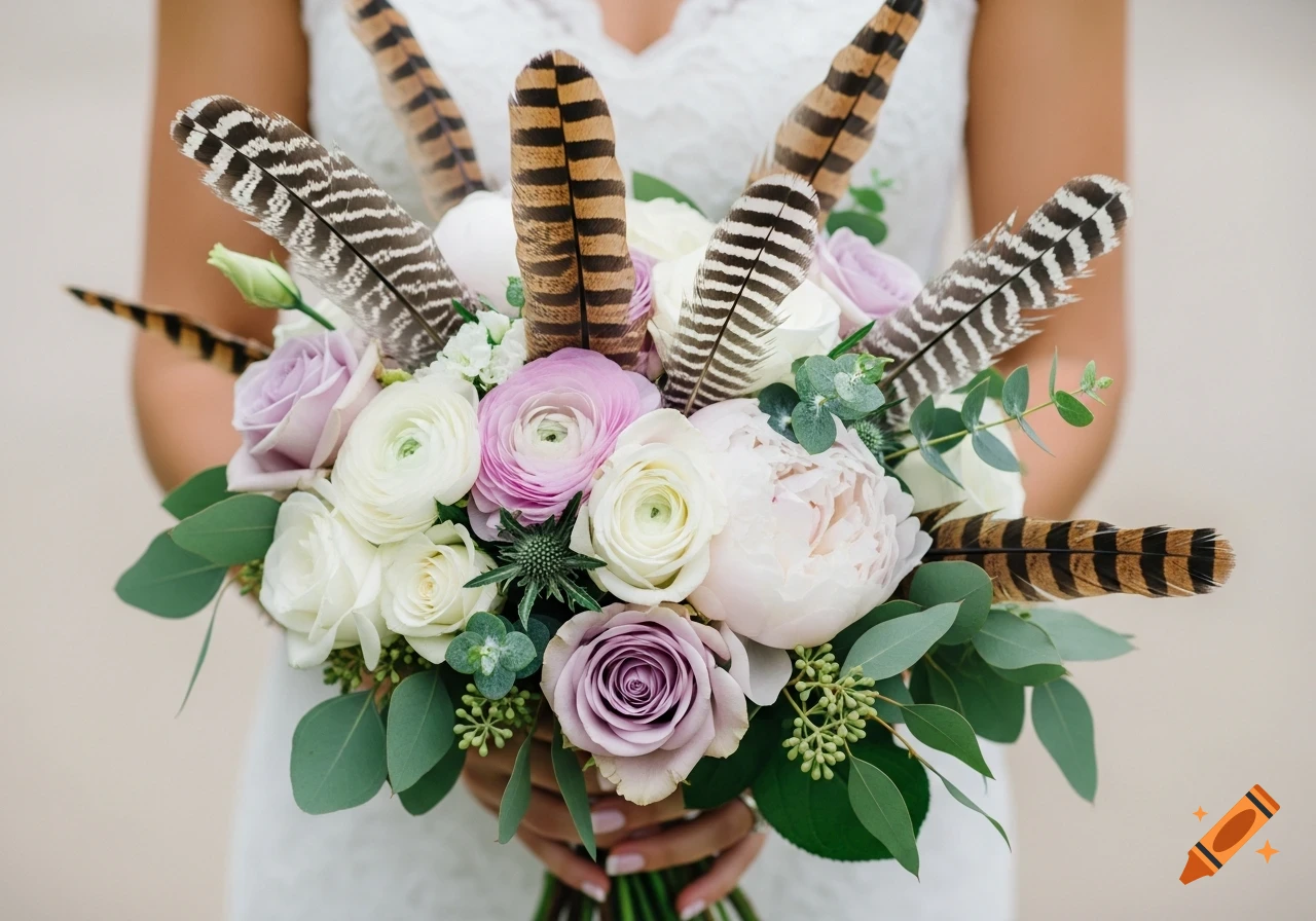 Photorealistic wedding bouquet with white and lilac flowers, natural feathers, and eucalyptus greenery.