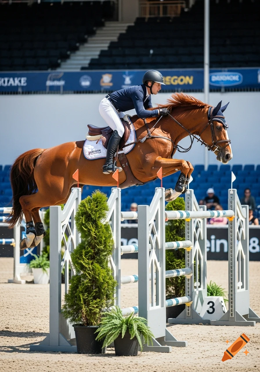 A photorealistic image of a horse and rider mid-air, clearing a white obstacle at an equestrian show jumping competition.