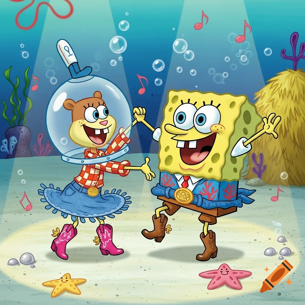 SpongeBob SquarePants and Sandy Cheeks square dancing underwater, wearing detailed western attire, surrounded by bubbles and musical notes.