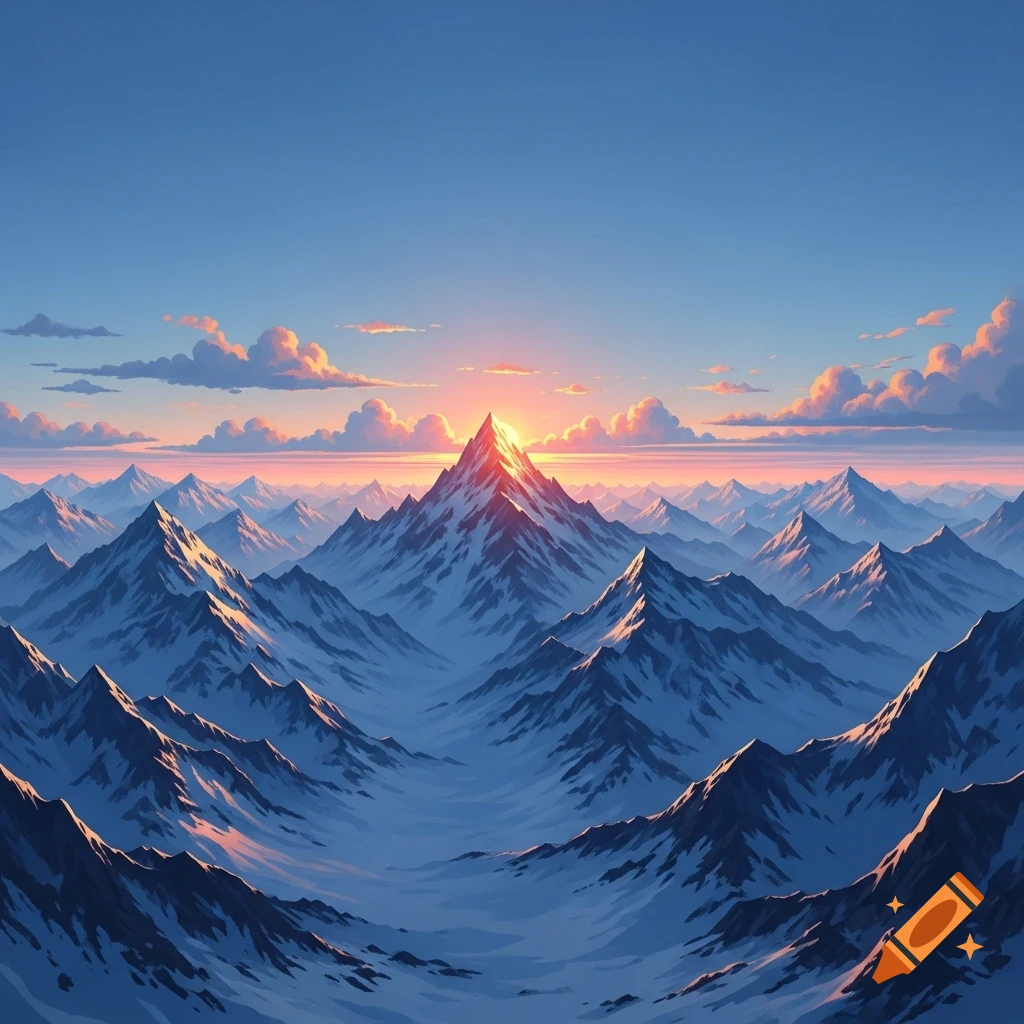 A stylized panoramic view of a snow-capped mountain range at sunrise, with the sun's rays illuminating a central peak orange.