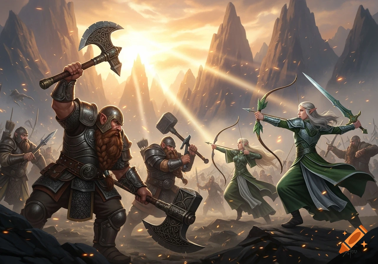 Dwarves and elves battle with axes, hammers, bows, and swords in a mountainous fantasy landscape at sunset.