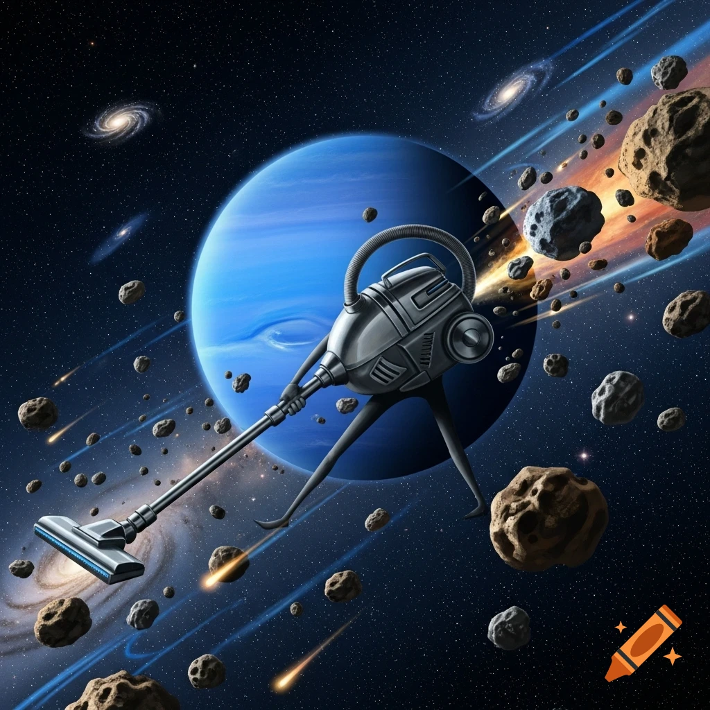 A whimsical vacuum cleaner with legs vacuums asteroids near the blue planet Neptune in a vibrant space scene with galaxies.