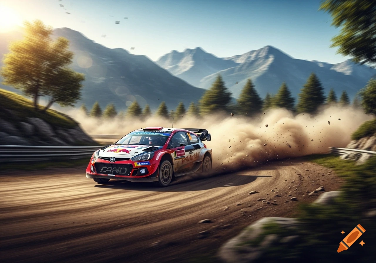 A red and black rally car kicks up a cloud of dust on a dirt track, with mountains and trees in the background.