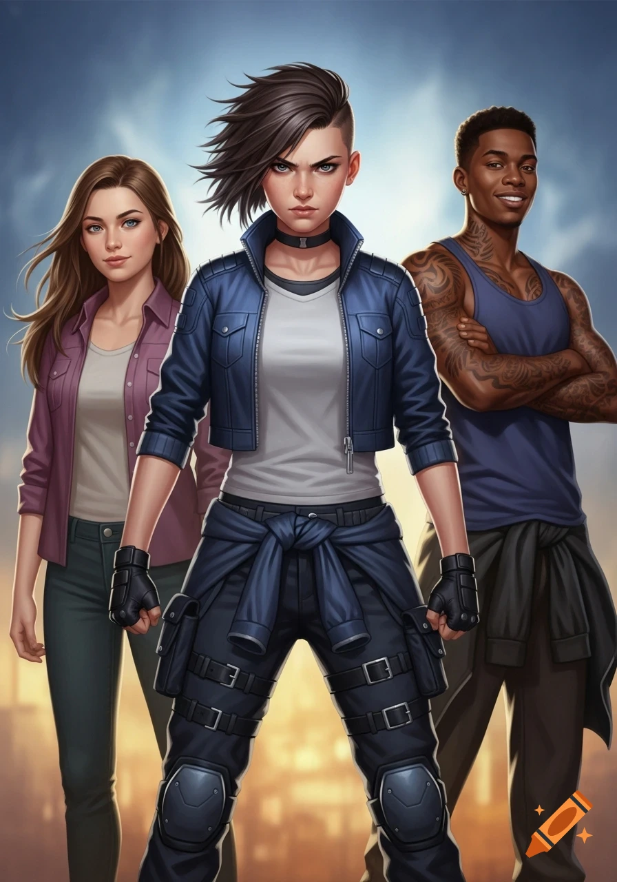 An illustrative portrait of three diverse characters: a stern woman with an undercut and blue jacket, a smiling woman, and a tattooed man, against a city backdrop.