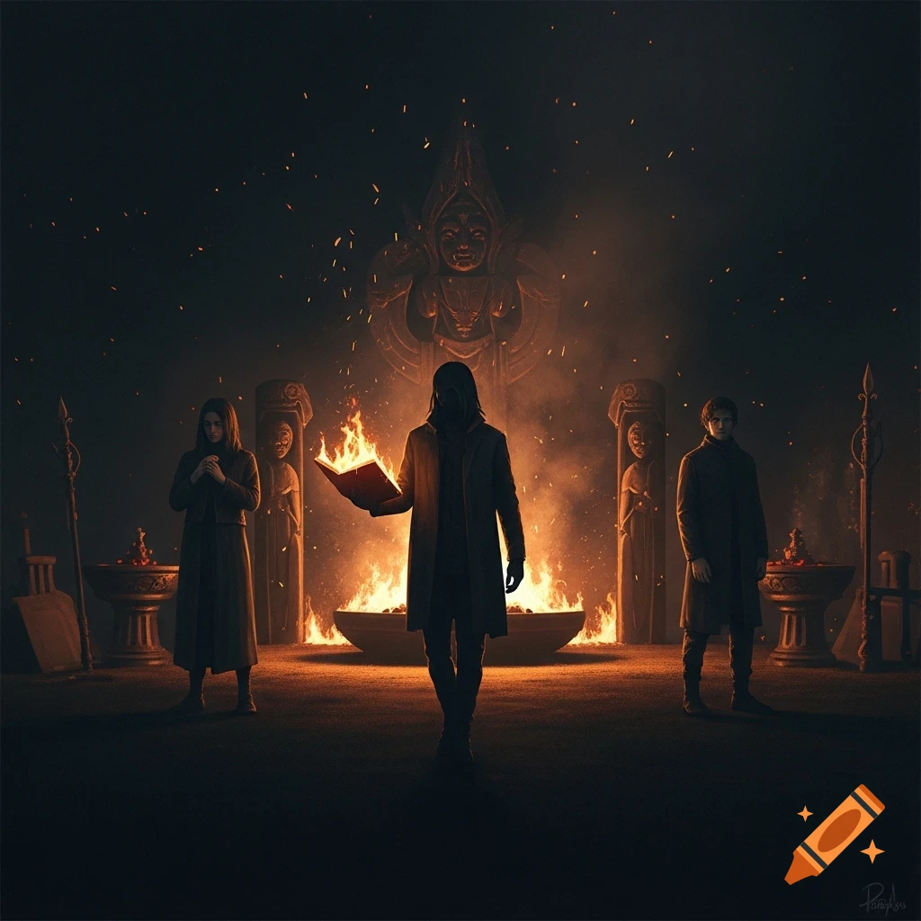 A dark fantasy scene shows three cloaked figures in a ritual, one holding a burning book, surrounded by fire and an idol.