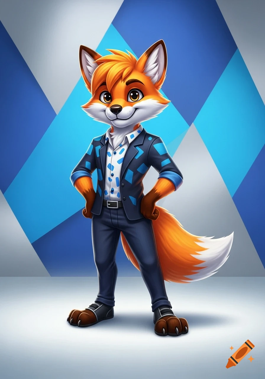 A friendly cartoon fox mascot in a blue suit and spotted shirt, hands on hips, smiling against a geometric blue and white background.