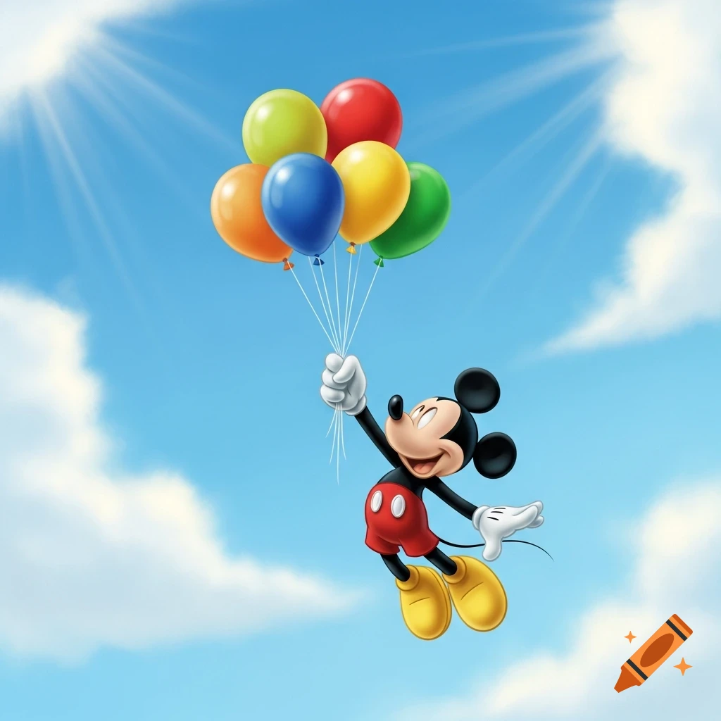 Mickey Mouse cartoon illustration floating high in a bright blue sky, holding a bunch of colorful balloons.