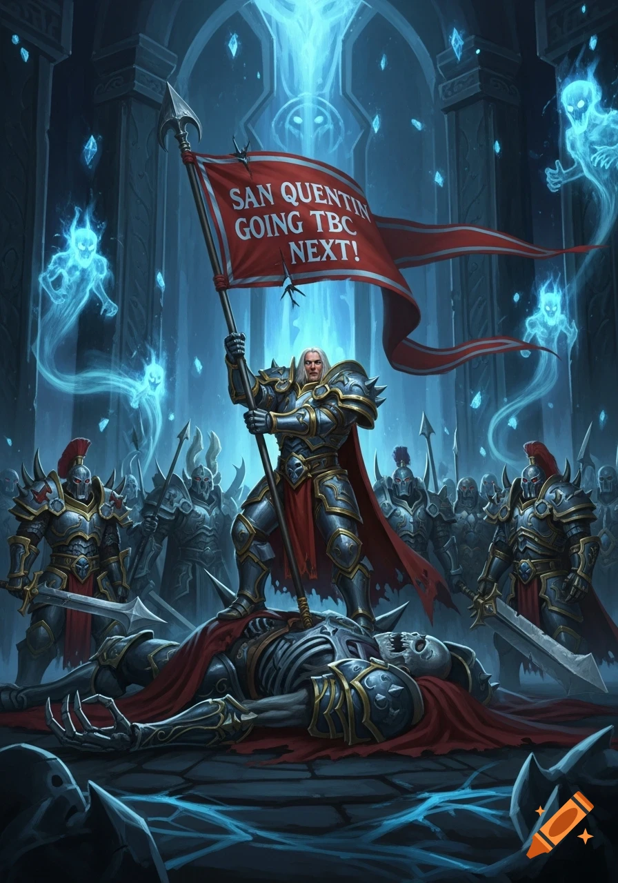A fantasy warrior in shining armor stands on a skeleton, holding a red banner that reads "SAN QUENTIN GOING TBC NEXT!", surrounded by armored soldiers and blue ghosts in a dark dungeon.