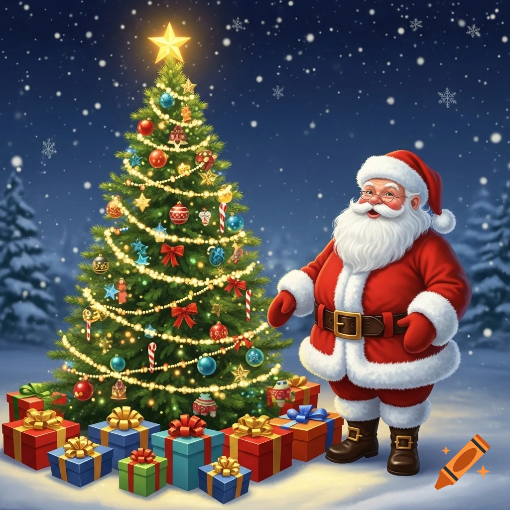 Santa Claus stands by a decorated Christmas tree and gifts in a snowy winter night.