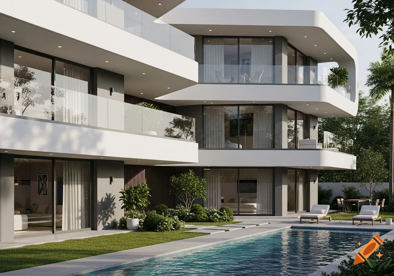 A luxurious, multi-story modern house with glass balconies, a swimming pool, and lush green landscaping.