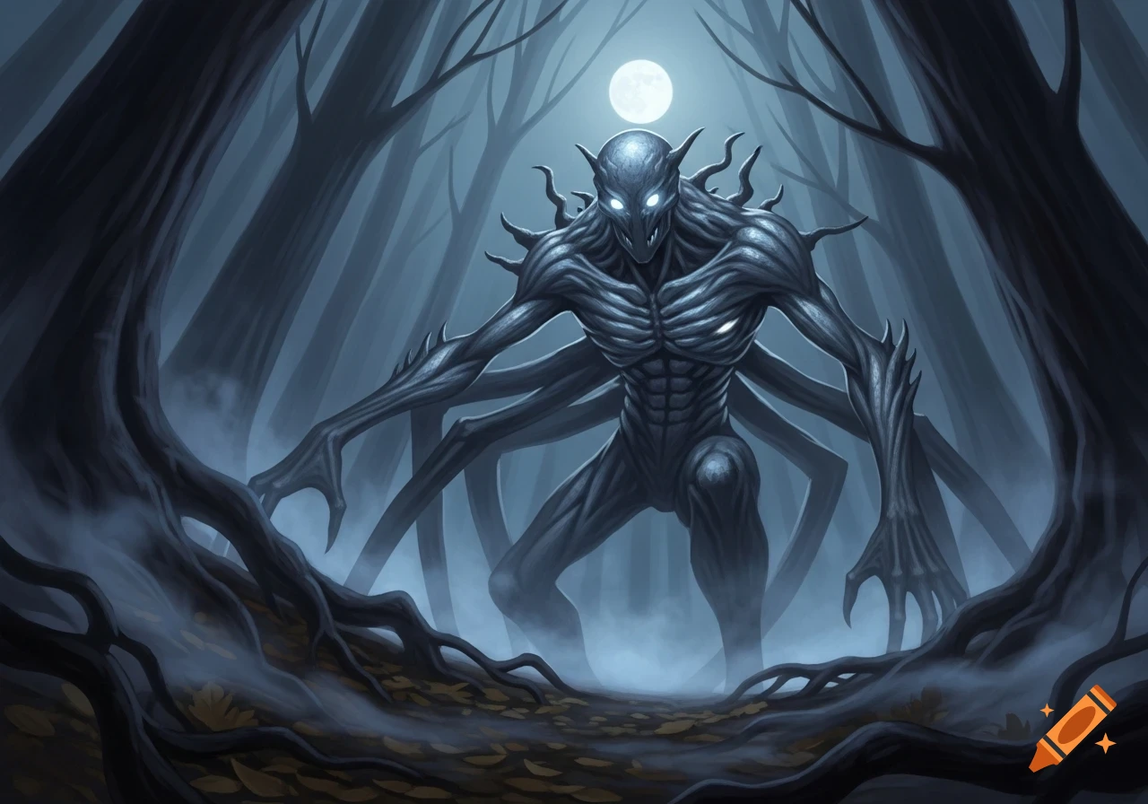 A terrifying multi-limbed creature with glowing eyes stands in a dark ...