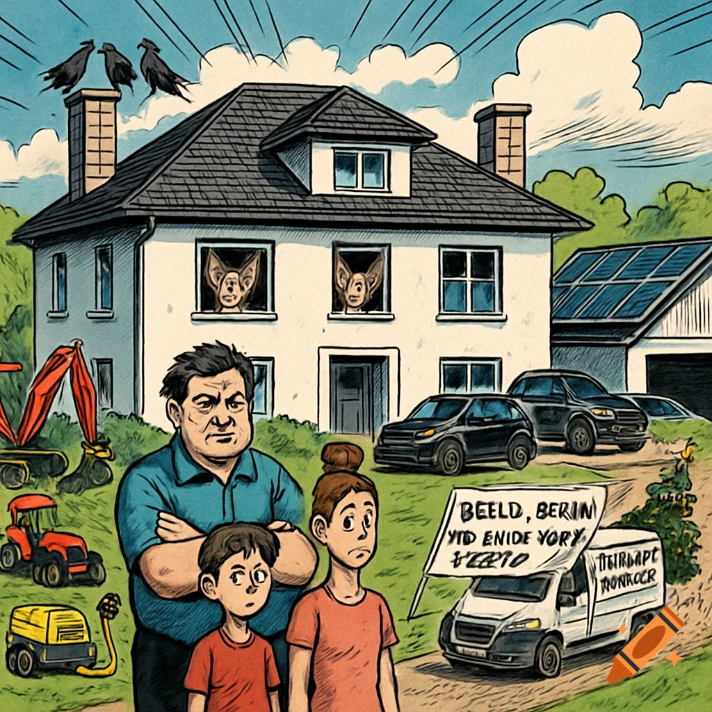 A comic illustration of a family standing outside a house with cats in the windows, surrounded by cars and construction equipment.