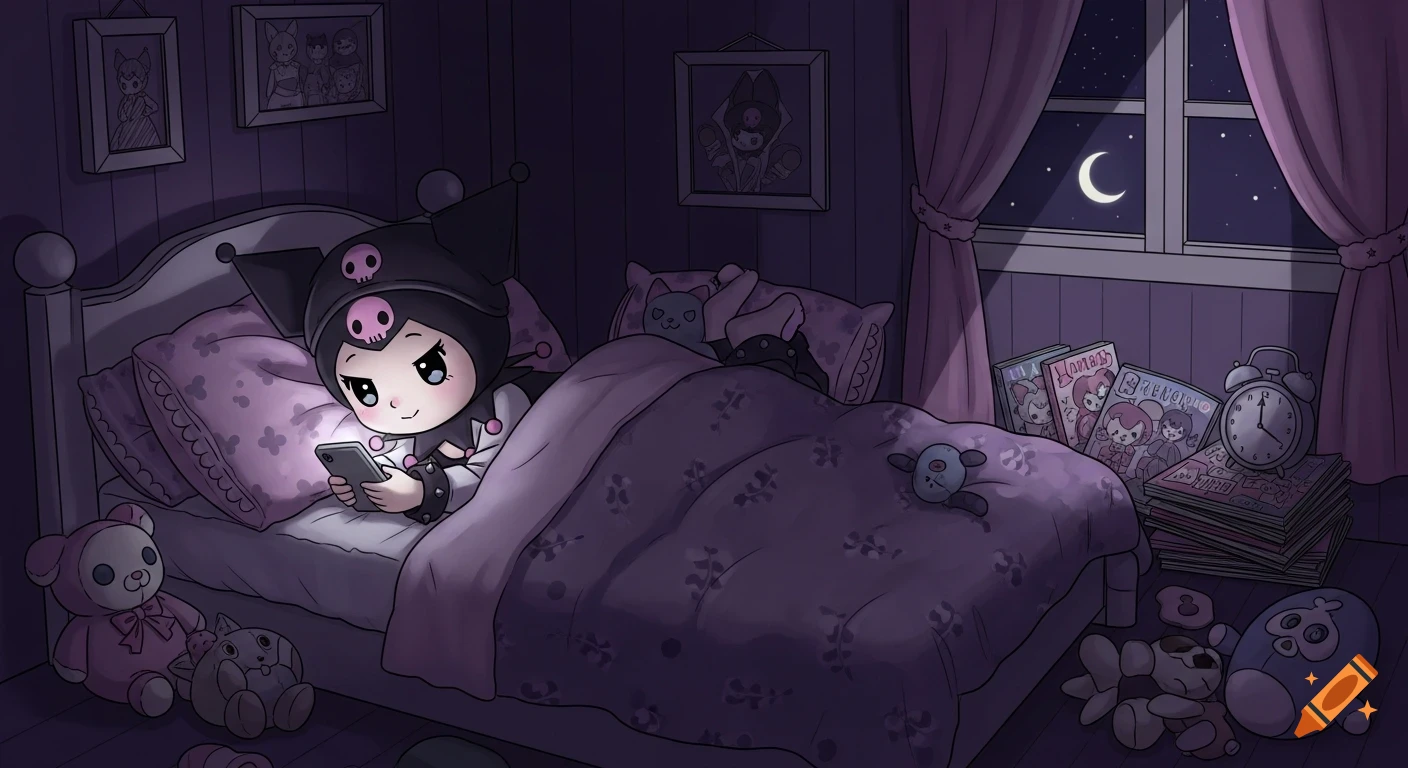 Anime character Kuromi lies in bed, texting on her phone at night in a dark bedroom with a moonlit window.