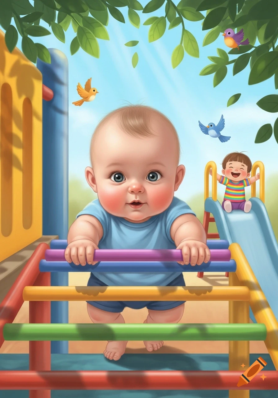 A cute cartoon baby holds colorful bars in a bright playground, with another child on a slide in the background and birds flying overhead.