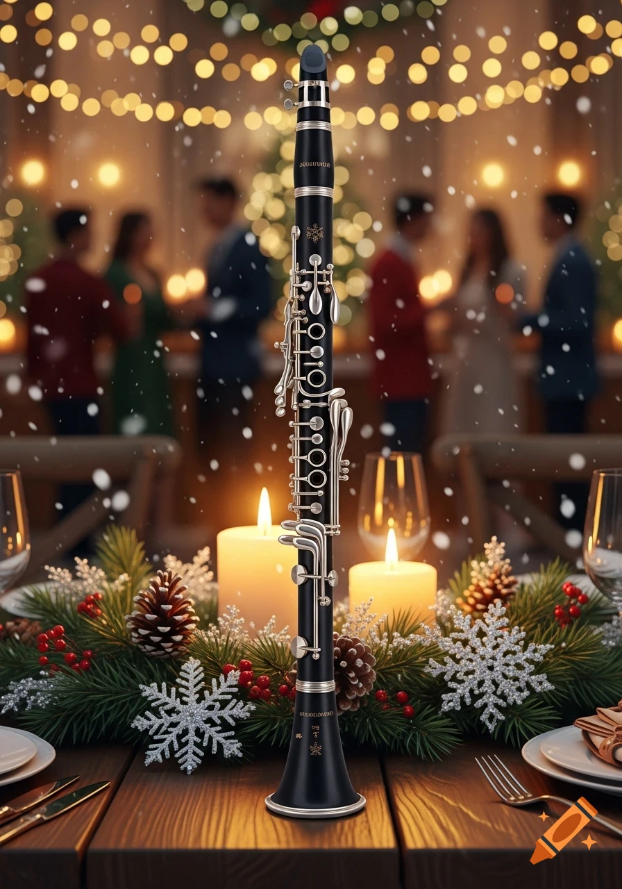 A black clarinet stands on a festive wooden table with winter decorations, candles, and snowflakes, against a blurred holiday party background with bokeh lights and snow.