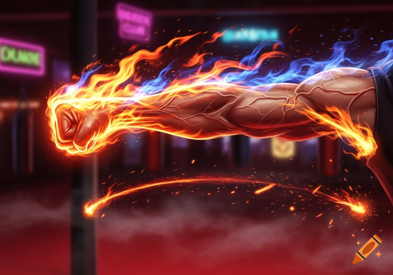 A muscular arm with a clenched fist, engulfed in vibrant orange and blue flames, against a blurred neon city background.