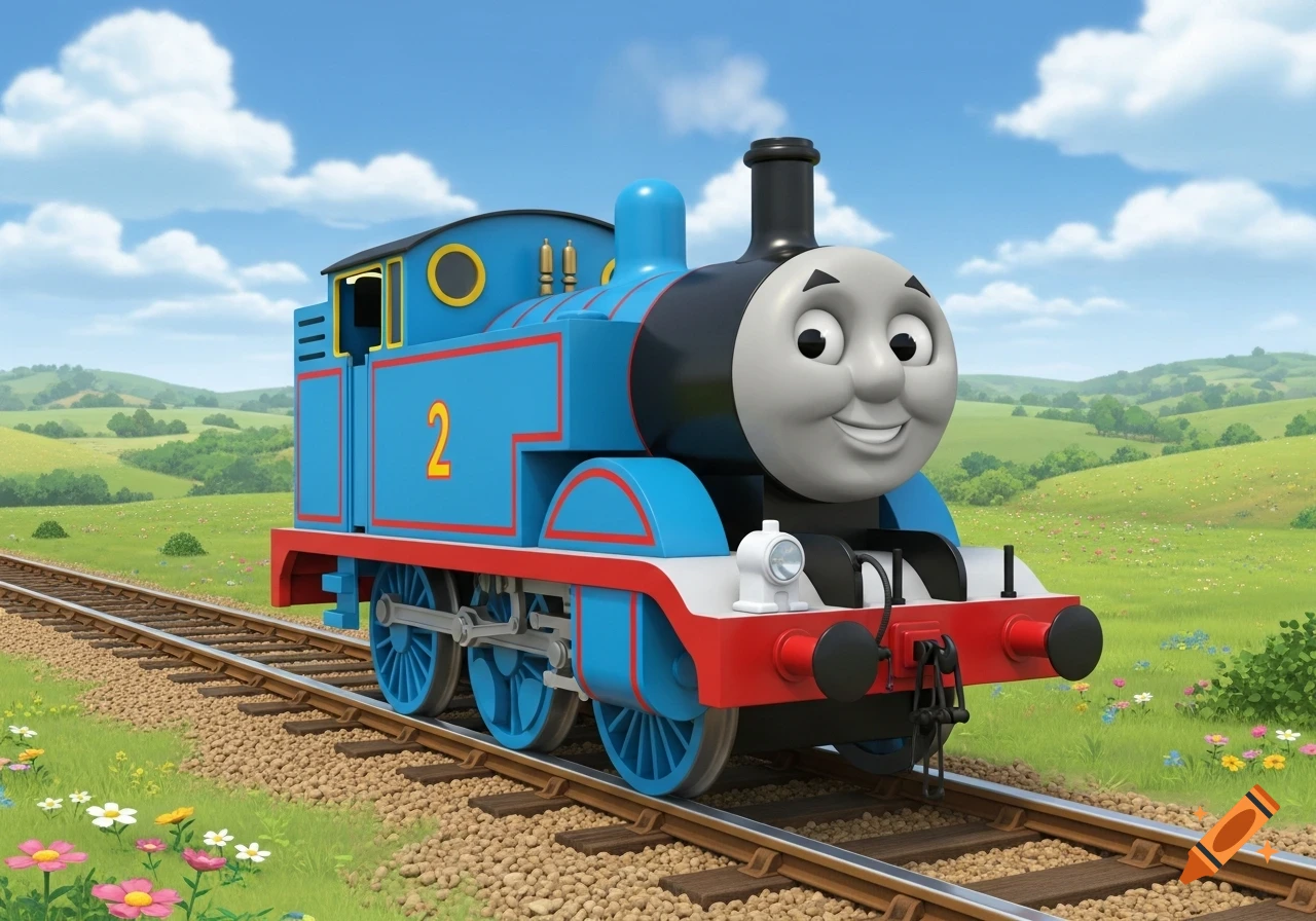 A blue steam engine, resembling Thomas the Tank Engine but with the number 2 on its side, sits on railroad tracks in a green, hilly landscape under a blue sky.