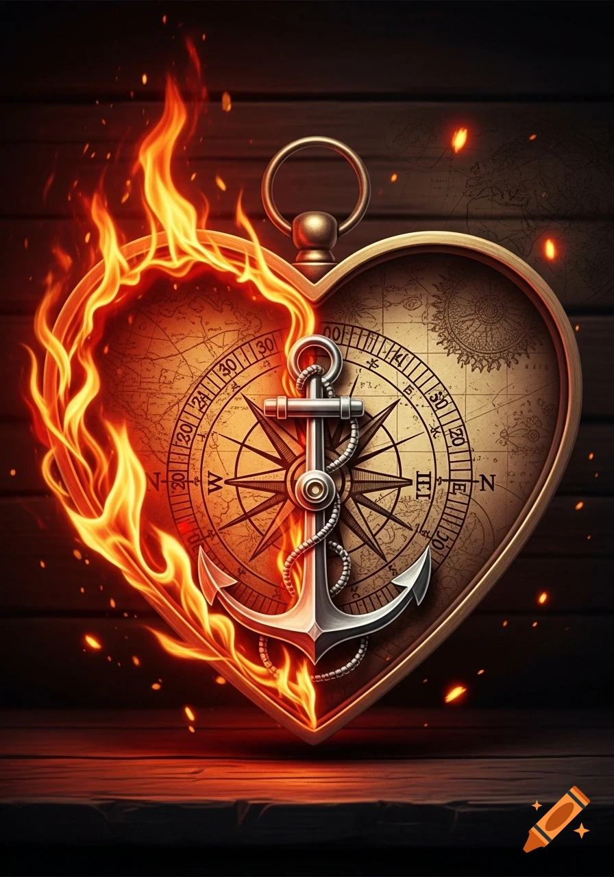 A heart-shaped compass with an anchor as a needle, half engulfed in bright flames, set against a dark wooden background.