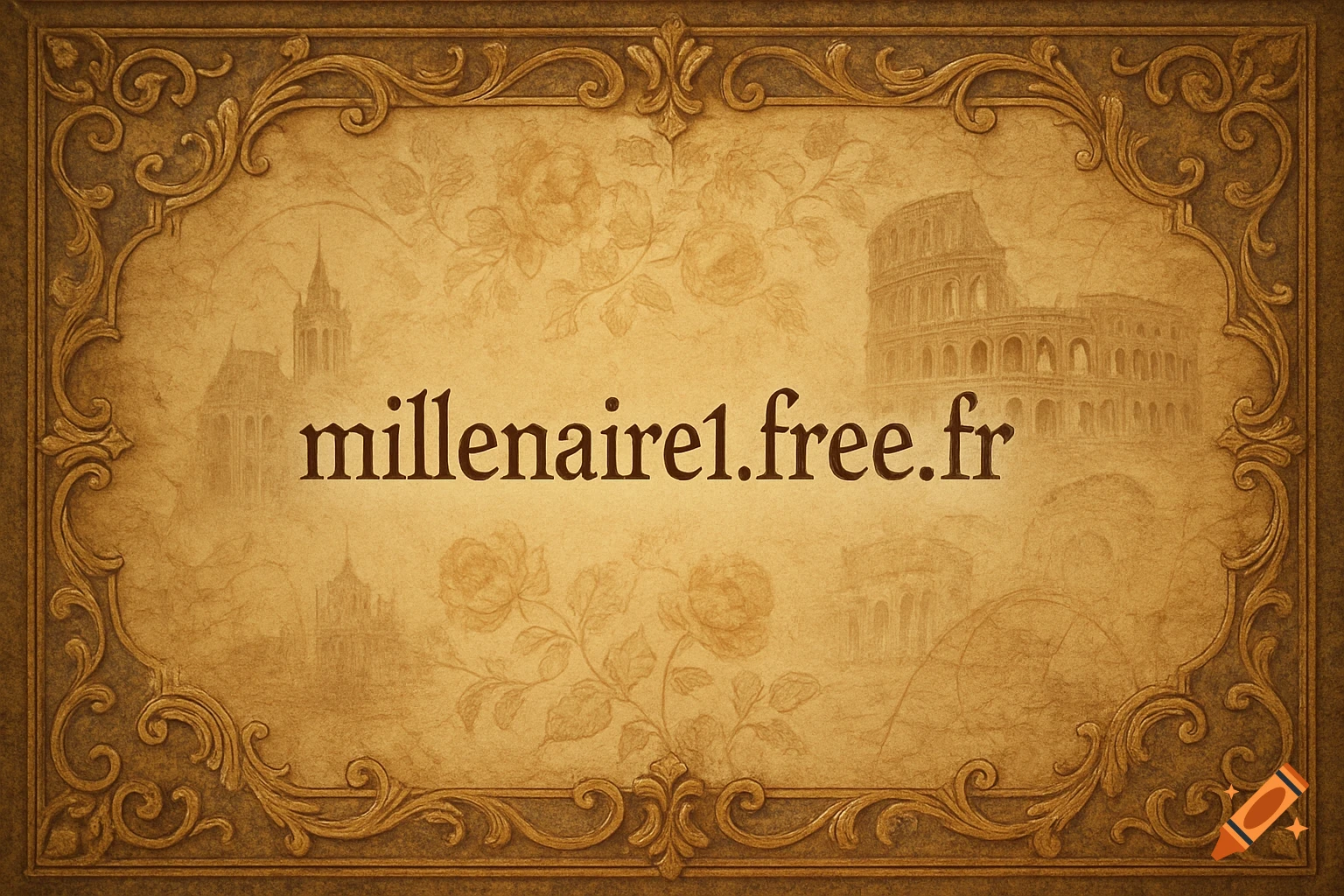 Vintage decorative frame with "millenaire1.free.fr" text and faint background etchings of historic architecture and roses.