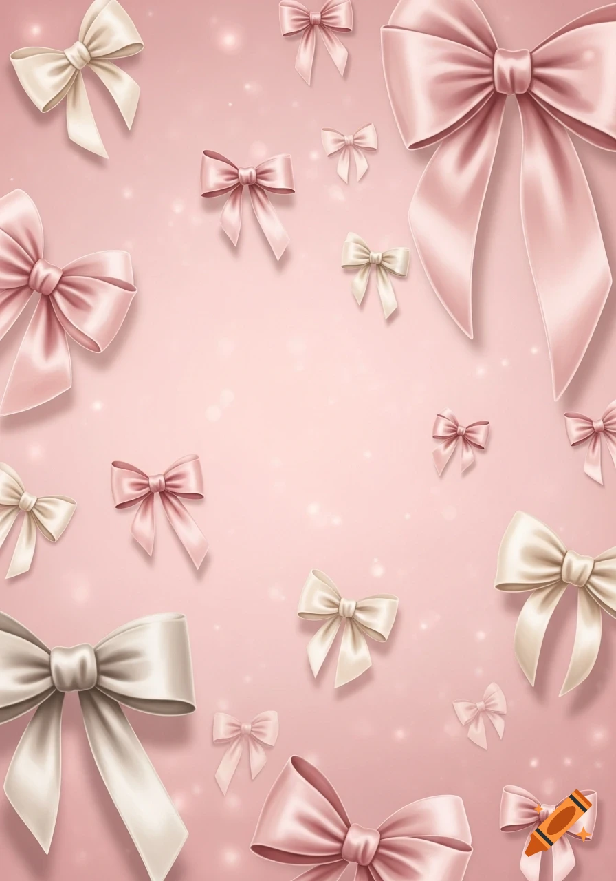 Pink background covered with an assortment of cream and pink satin bows and sparkling light effects.