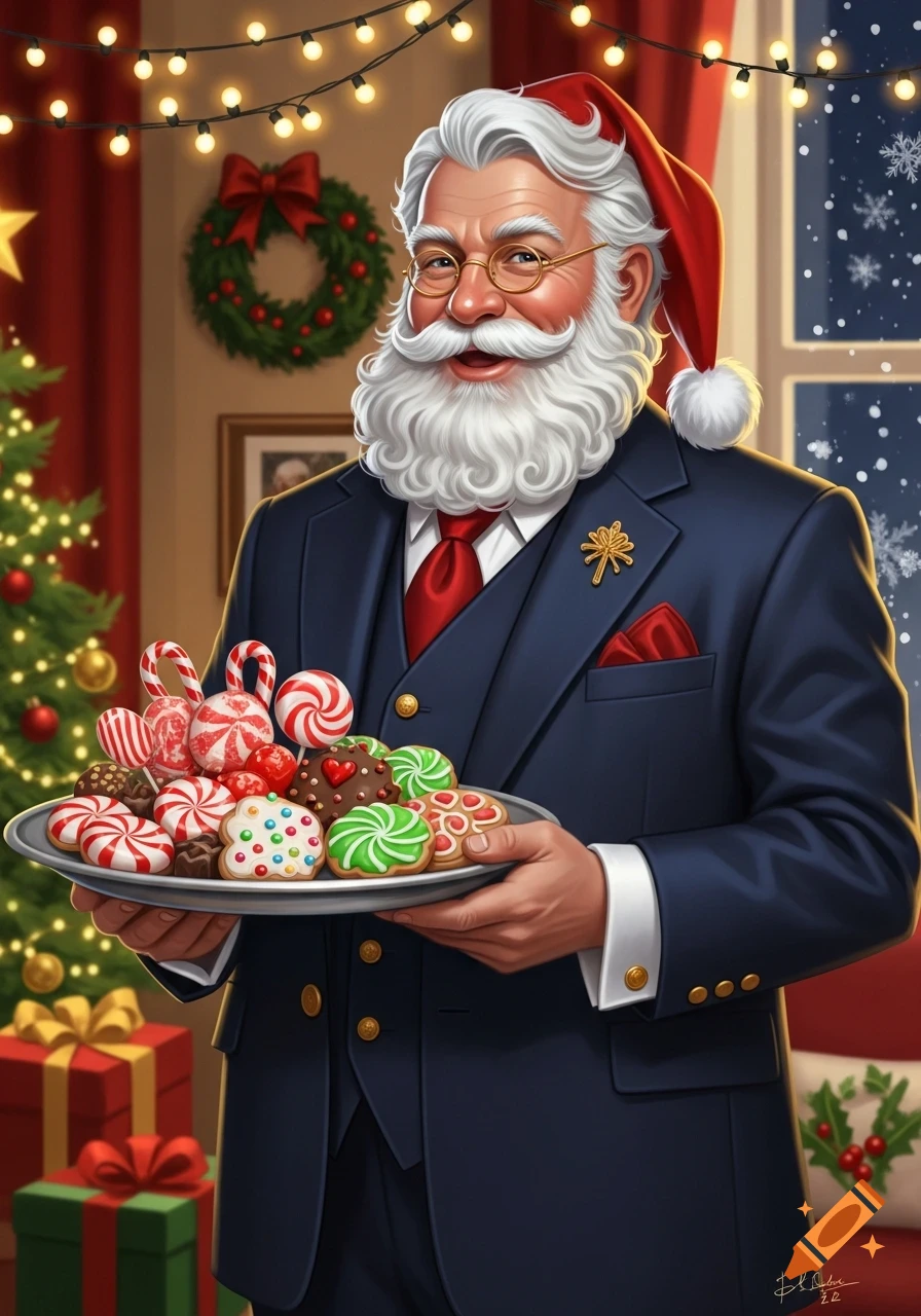 Stylized illustration of Santa Claus in a suit and hat, smiling and holding a tray of colorful Christmas cookies and candies in a festive room.