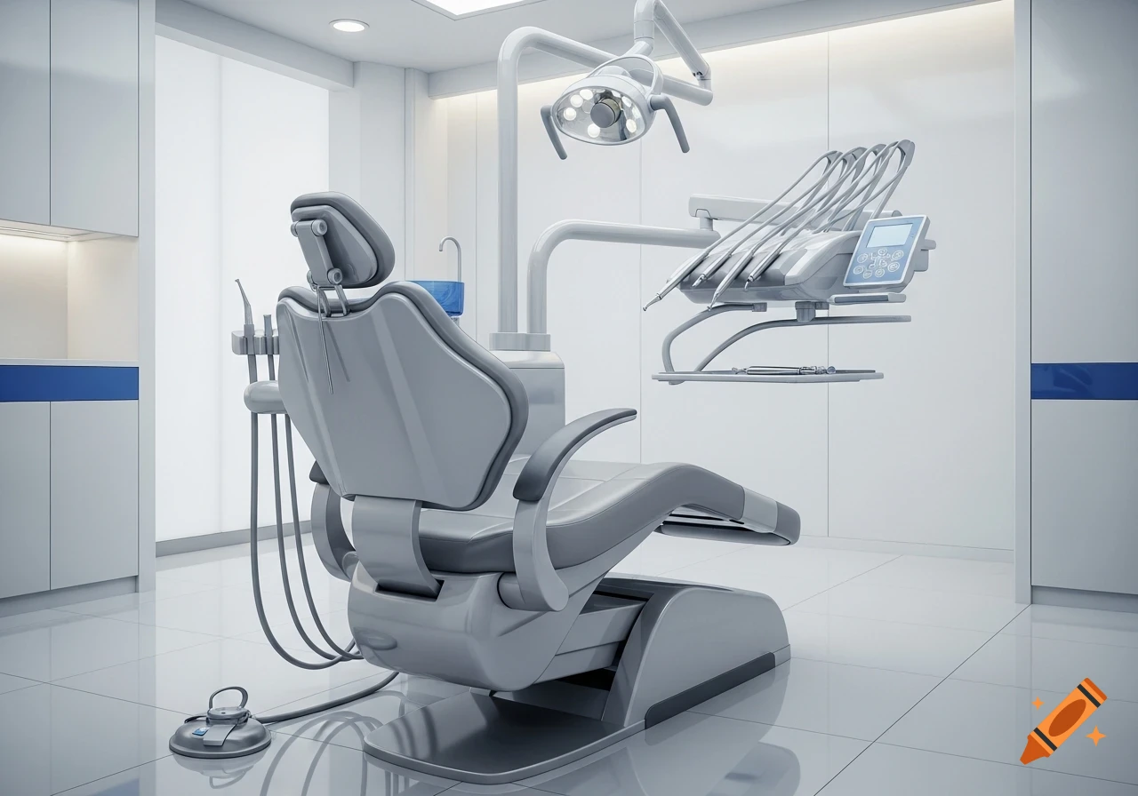 A modern, sterile dental examination room with a grey dental chair and various dental tools and equipment.