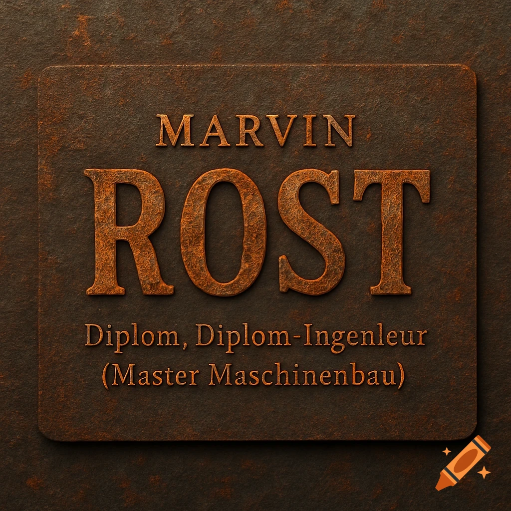 A rusty metal nameplate displays 'MARVIN ROST' in large embossed letters, with 'Diplom, Diplom-Ingenieur (Master Maschinenbau)' below.