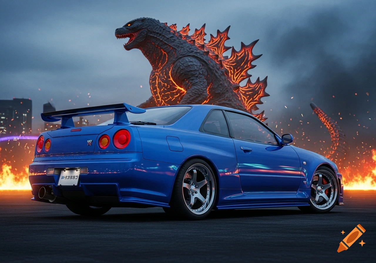 A blue Nissan Skyline GT-R R34 parked as a huge, glowing Godzilla looms in the background amidst a burning city skyline.