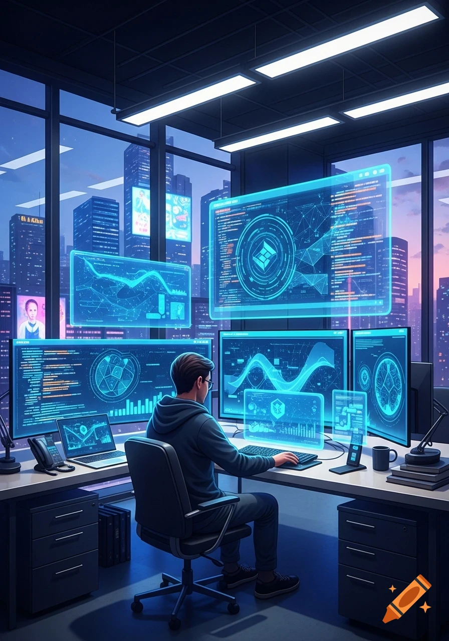A person in a hoodie works at a desk surrounded by multiple futuristic, holographic screens displaying code and data in a high-tech office overlooking a city at dusk.