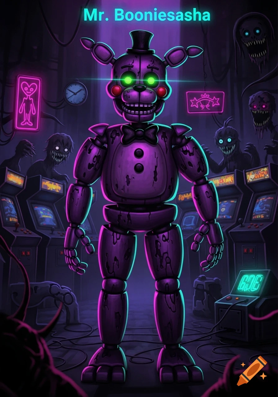 A creepy purple animatronic bear with glowing green eyes and a top hat stands in a neon-lit arcade, surrounded by shadowy, sharp-toothed monsters. The text "Mr. Booniesasha" floats above, and "GOE" is on a digital display.