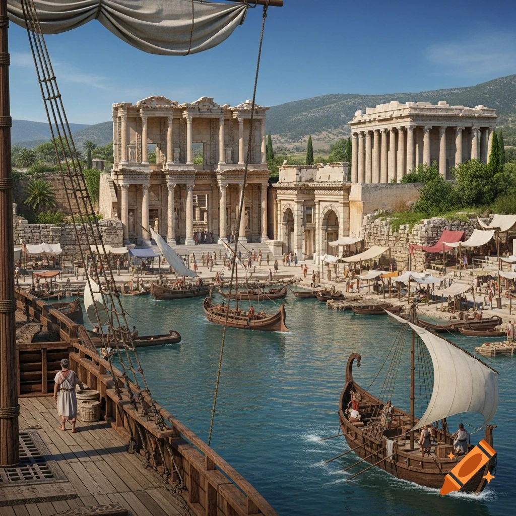Ultra-realistic view of the ancient city of Ephesus from a ship, showing its harbor with boats, large classical buildings, and bustling market stalls.