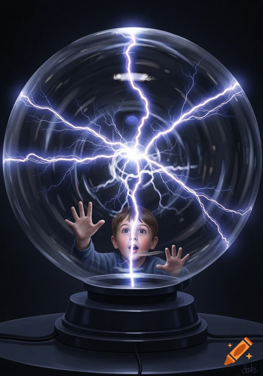 A surprised young boy inside a large plasma ball, with bright blue electricity crackling around him and reflecting in his eyes.