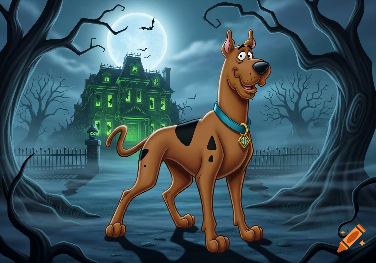 Scooby-Doo, a brown dog with black spots and a blue collar, stands smiling in front of a glowing green haunted house under a full moon with bats flying and bare trees.