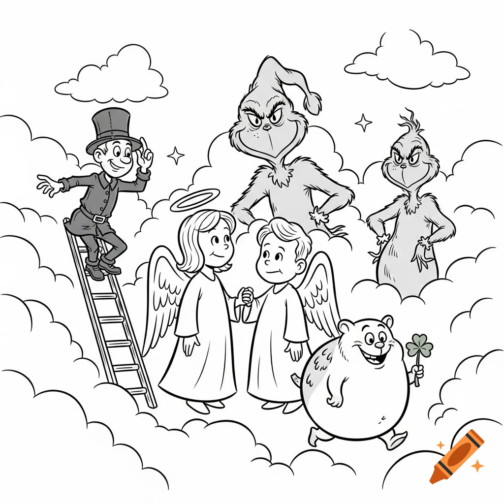 Black and white cartoon showing a chimney sweep on a ladder, two angels, two Grinches, and a groundhog-like creature with a clover in the clouds.