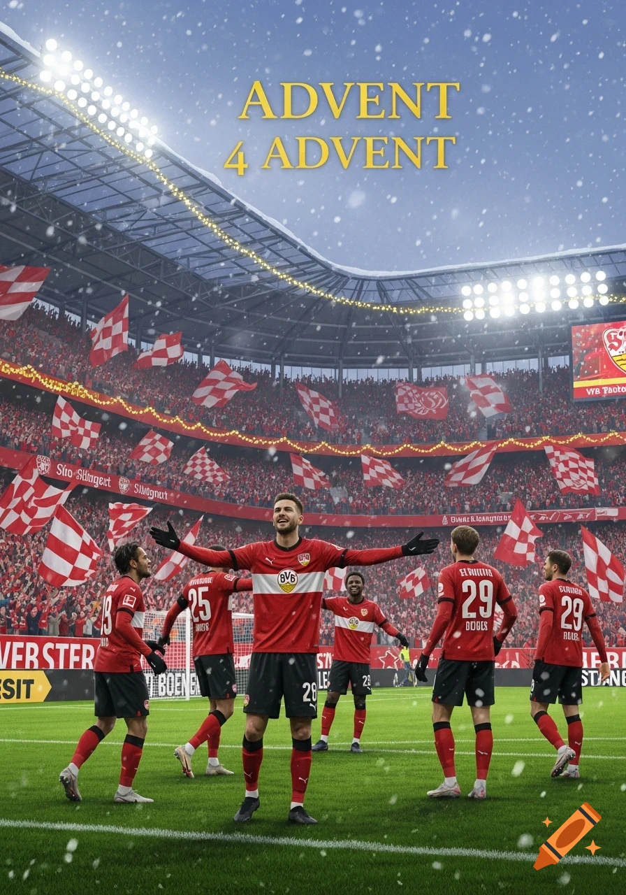A snowy soccer stadium with players in red jerseys and a large crowd of fans waving red and white flags. Golden text "ADVENT 4 ADVENT" is in the sky, with bright stadium lights.