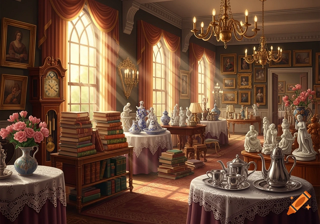 A grand room in an old estate filled with various antique collections, including porcelain figurines, stacked books, paintings, and a silver tea set, bathed in sunlight from large arched windows.