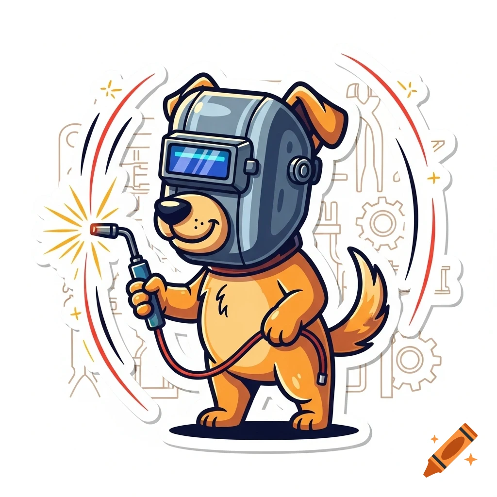 A cartoon sticker of a happy brown dog wearing a welding mask and holding a lit welding torch, with abstract tool outlines in the background.
