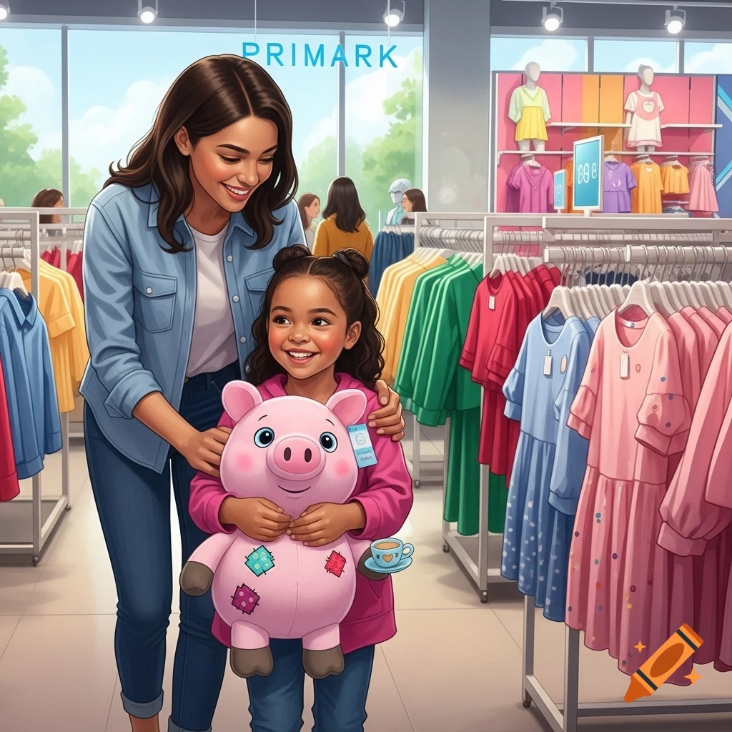 A smiling mother and daughter in a Primark store, the girl happily hugging a large pink plush pig with a tiny teacup.