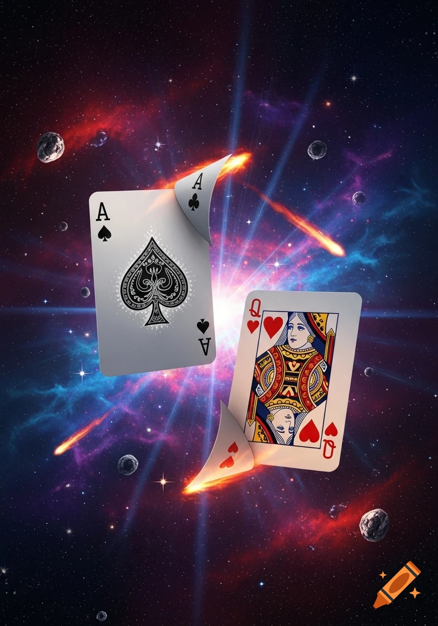 An Ace of Spades and a Queen of Hearts playing card float in a vibrant cosmic nebula filled with stars and asteroids.